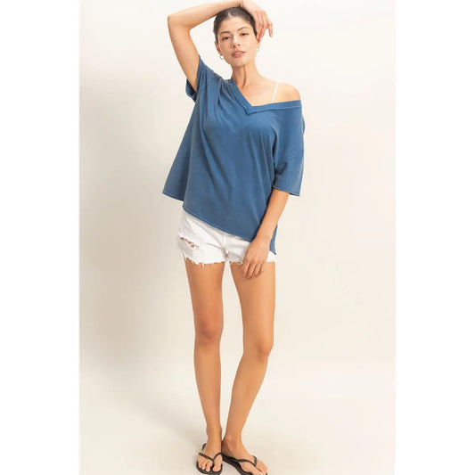 Washed V-Neck Oversized Tee (Navy)
