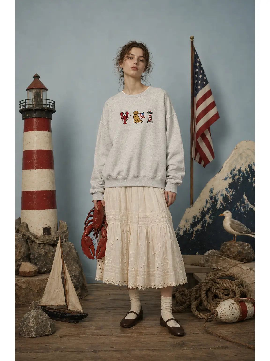 Patriotic Retriever Nautical Embroidered Grey Sweatshirt 🇺🇸