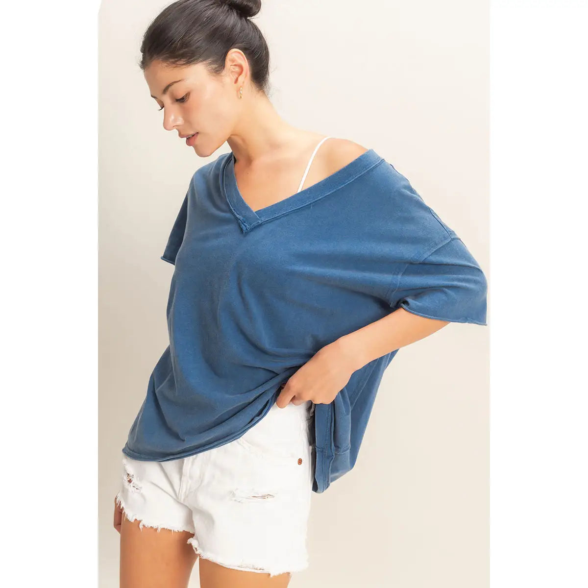 Washed V-Neck Oversized Tee (Navy)