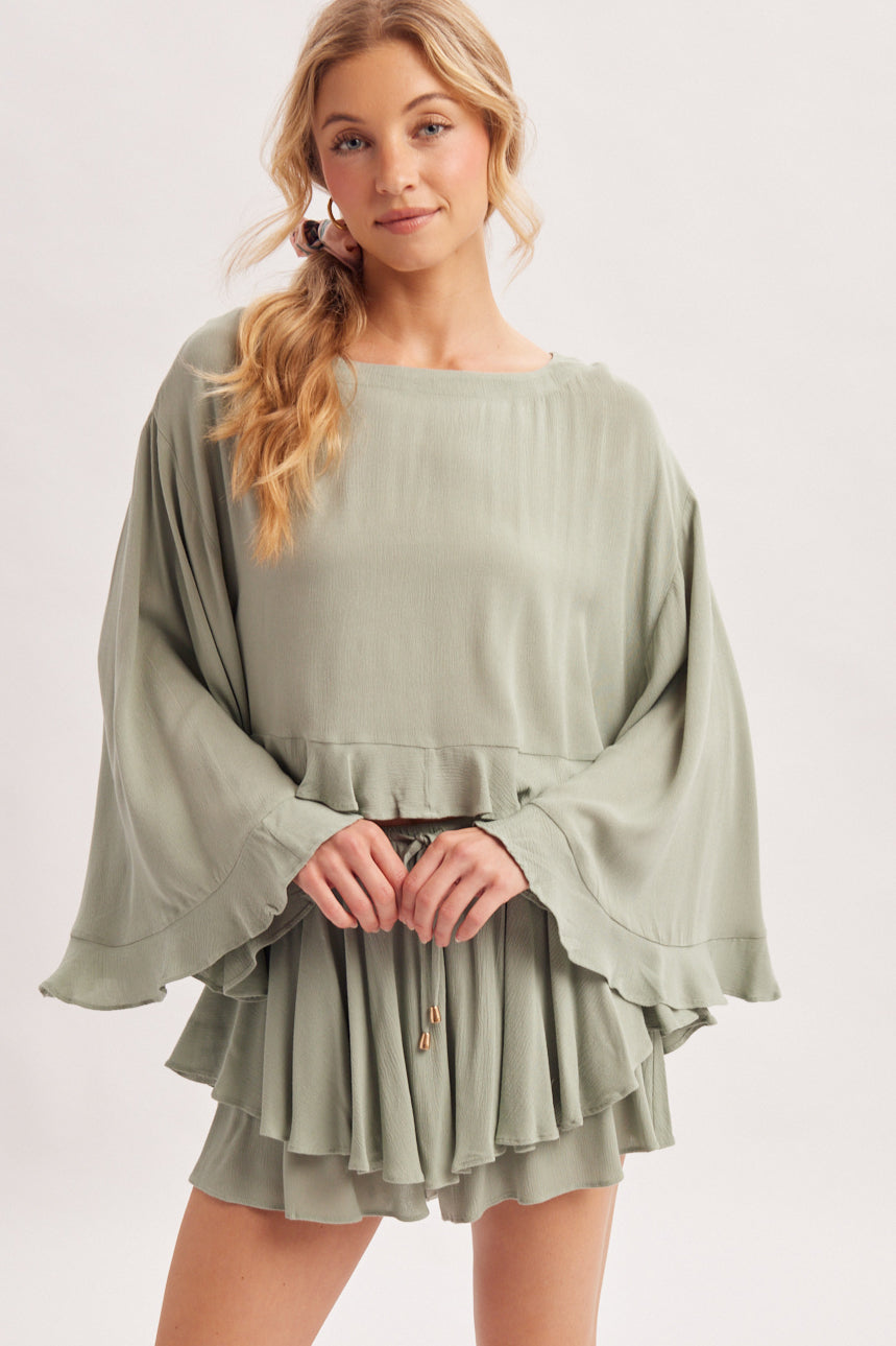 Billowy Bell Sleeve Ruffle Hem Top ✨