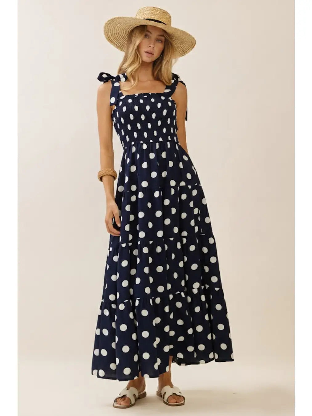 Polka Dot Sleeveless Tired Midi Dress with Smocked Top