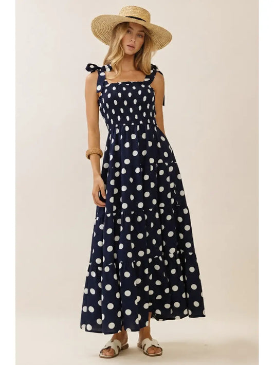 Polka Dot Sleeveless Tired Midi Dress with Smocked Top