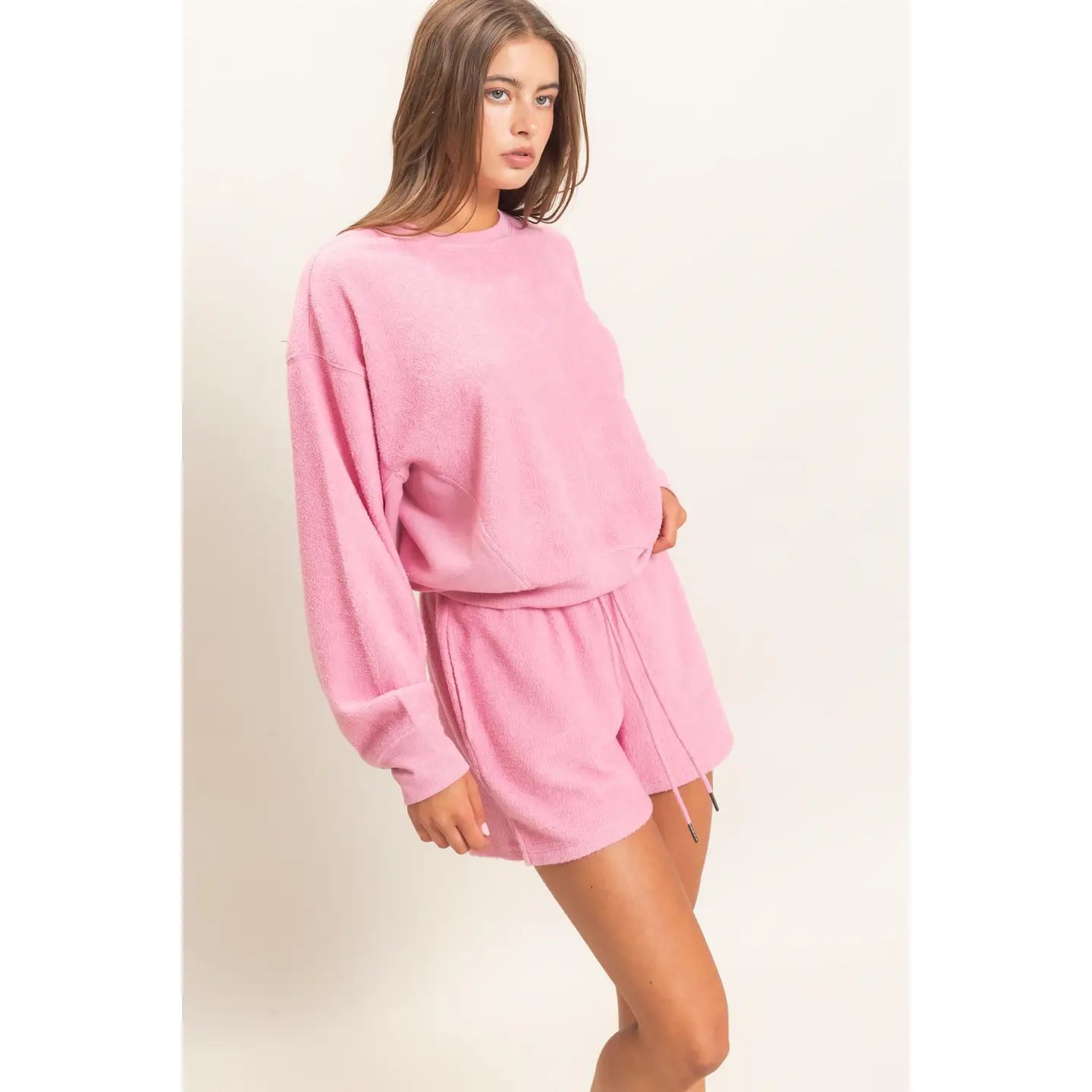 Contrast Sweatshirt & Shorts Set (Pink)