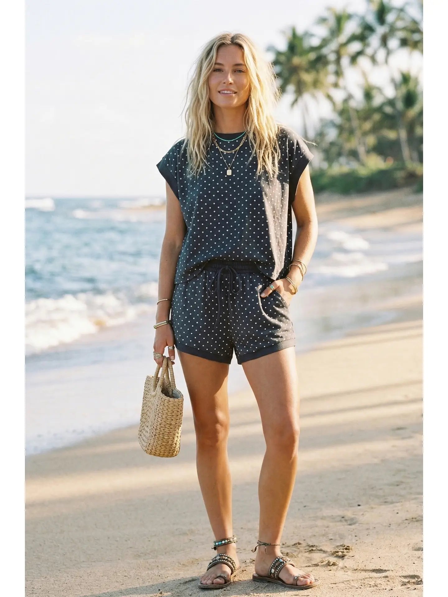 Polka Dot Short Sleeve Top and Shorts Set 🩶