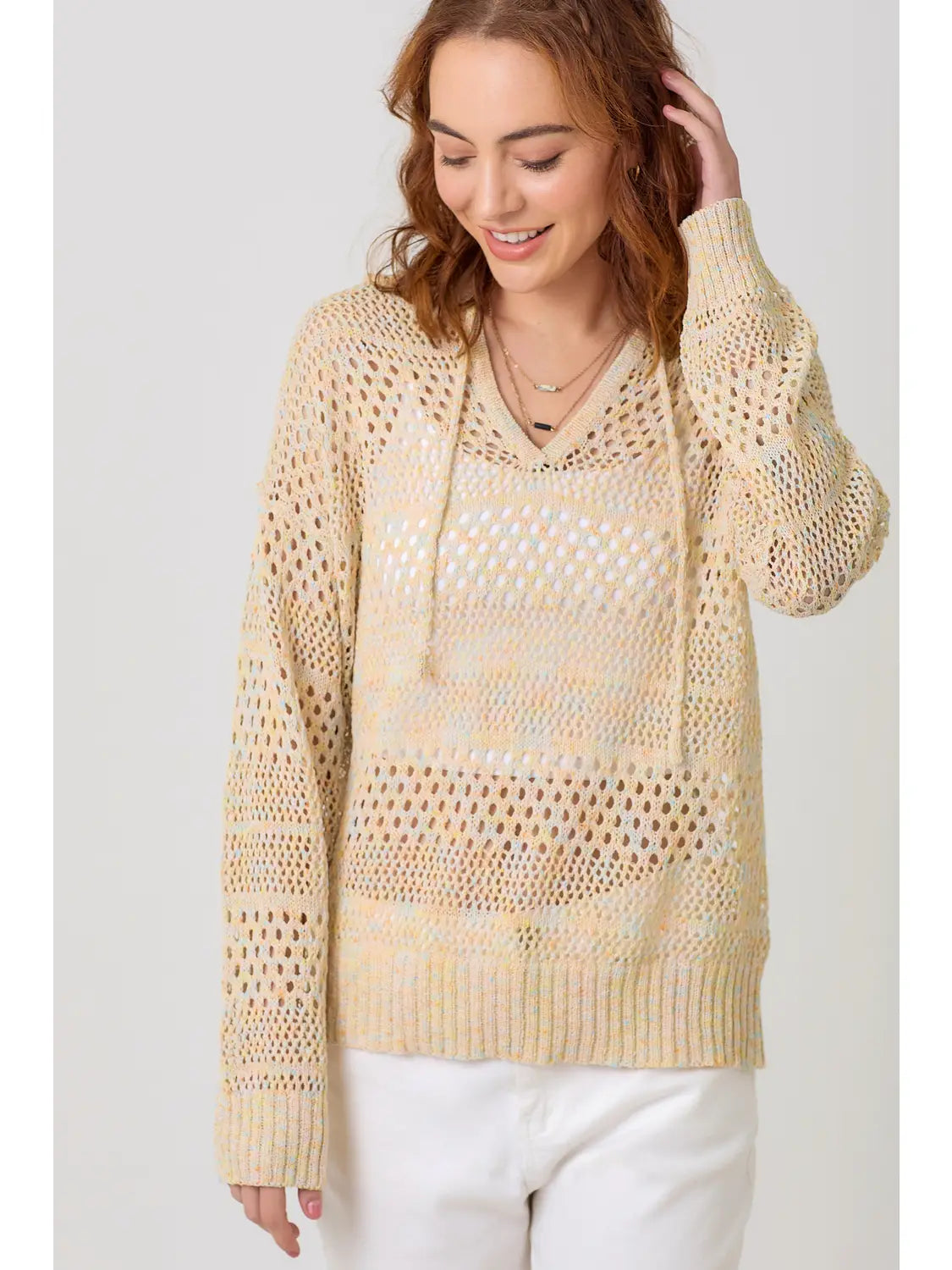 Crochet Knit Hoodie Sweater (Almond Mix)