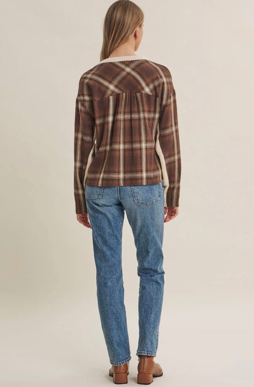 Woodland Plaid Back Mixed Media Cable Knit Sweater Top (Cream/Mocha)