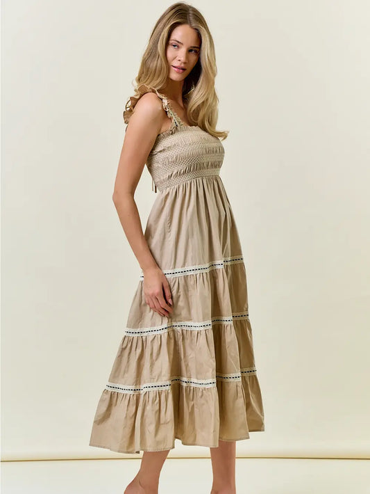 Smocked Ruffle Cap Sleeve Tiered Maxi Dress