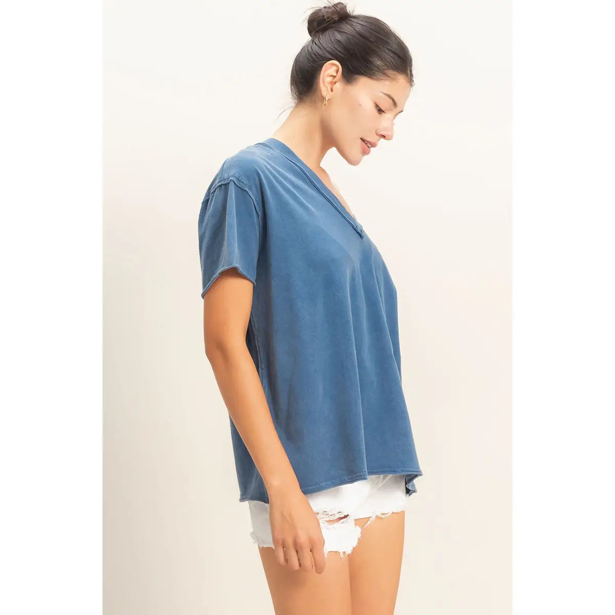 Washed V-Neck Oversized Tee (Navy)