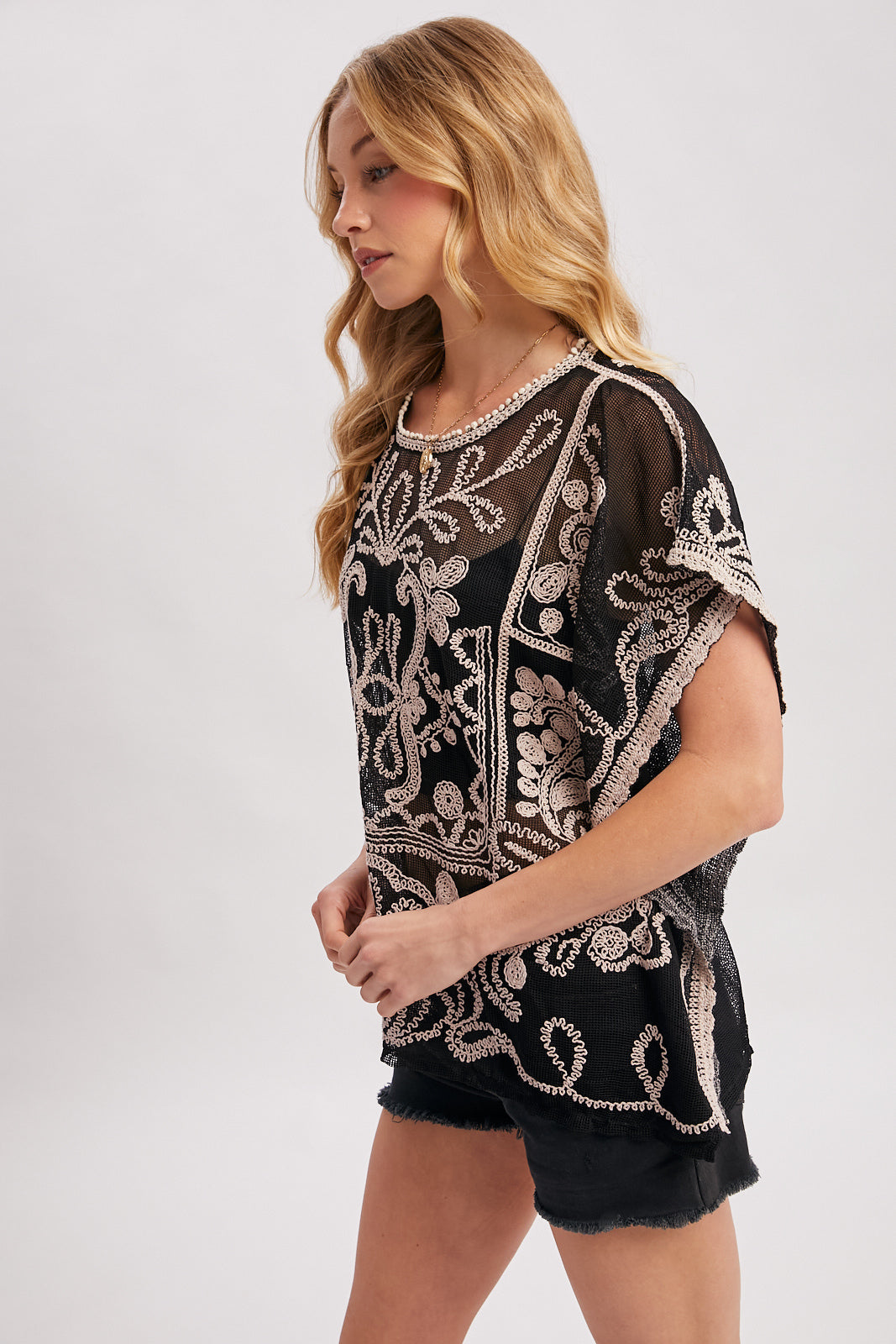 Mesh Embroidered Crochet Top