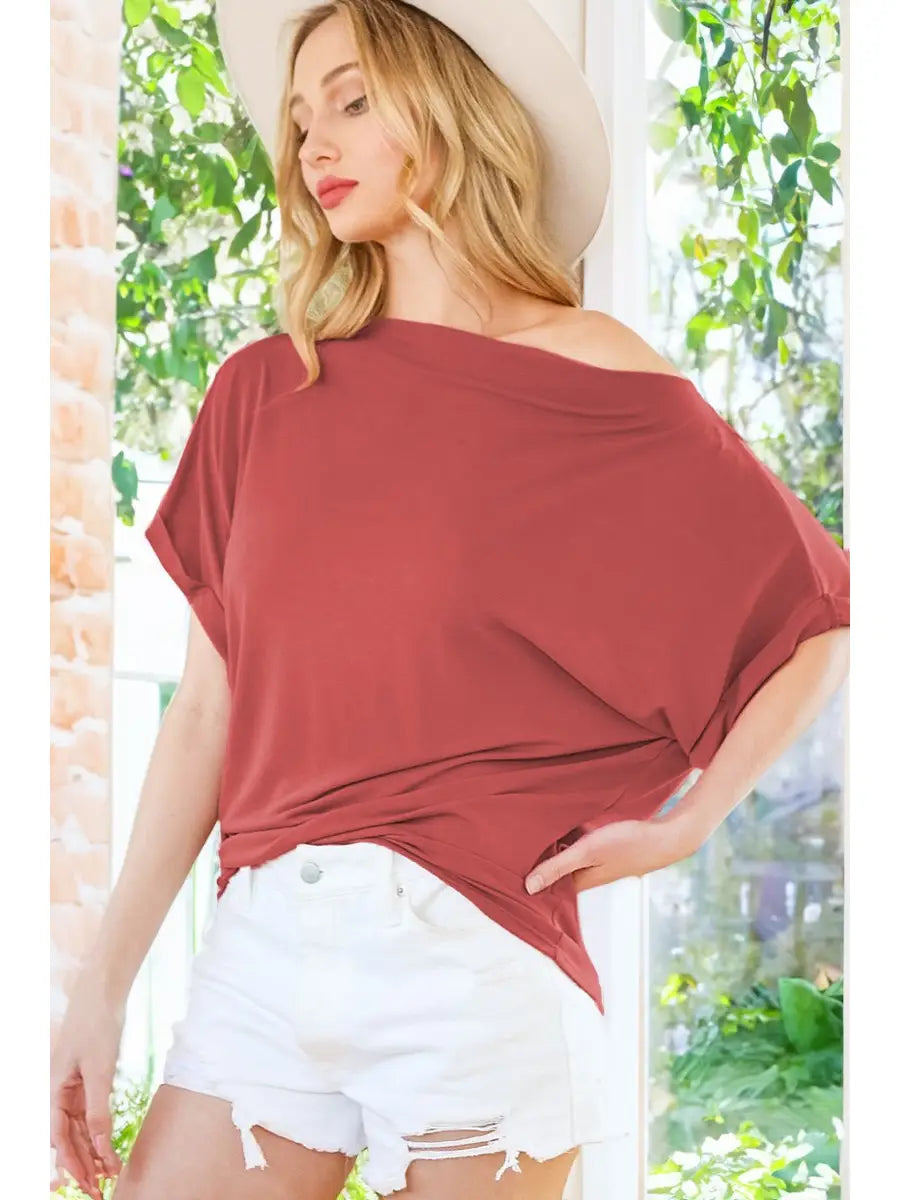 Boat Neck Short Sleeves Oversized Knit Top (Burgundy)