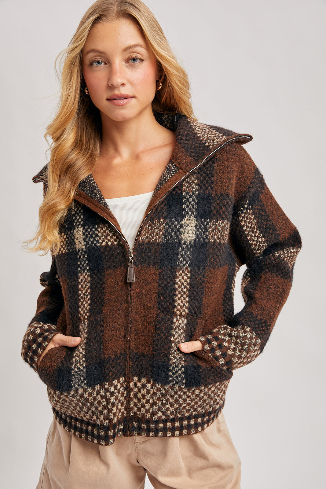 Plaid Zipper Fuzzy Knit Sweater Jacket