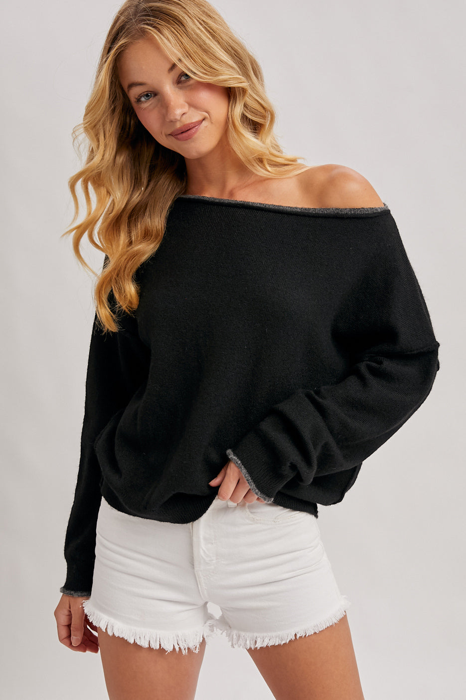 Boatneck Rolled Trim Heathered Knit Pullover