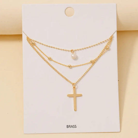 Mixed Layered Chains Cross and Pearl Charm Necklace