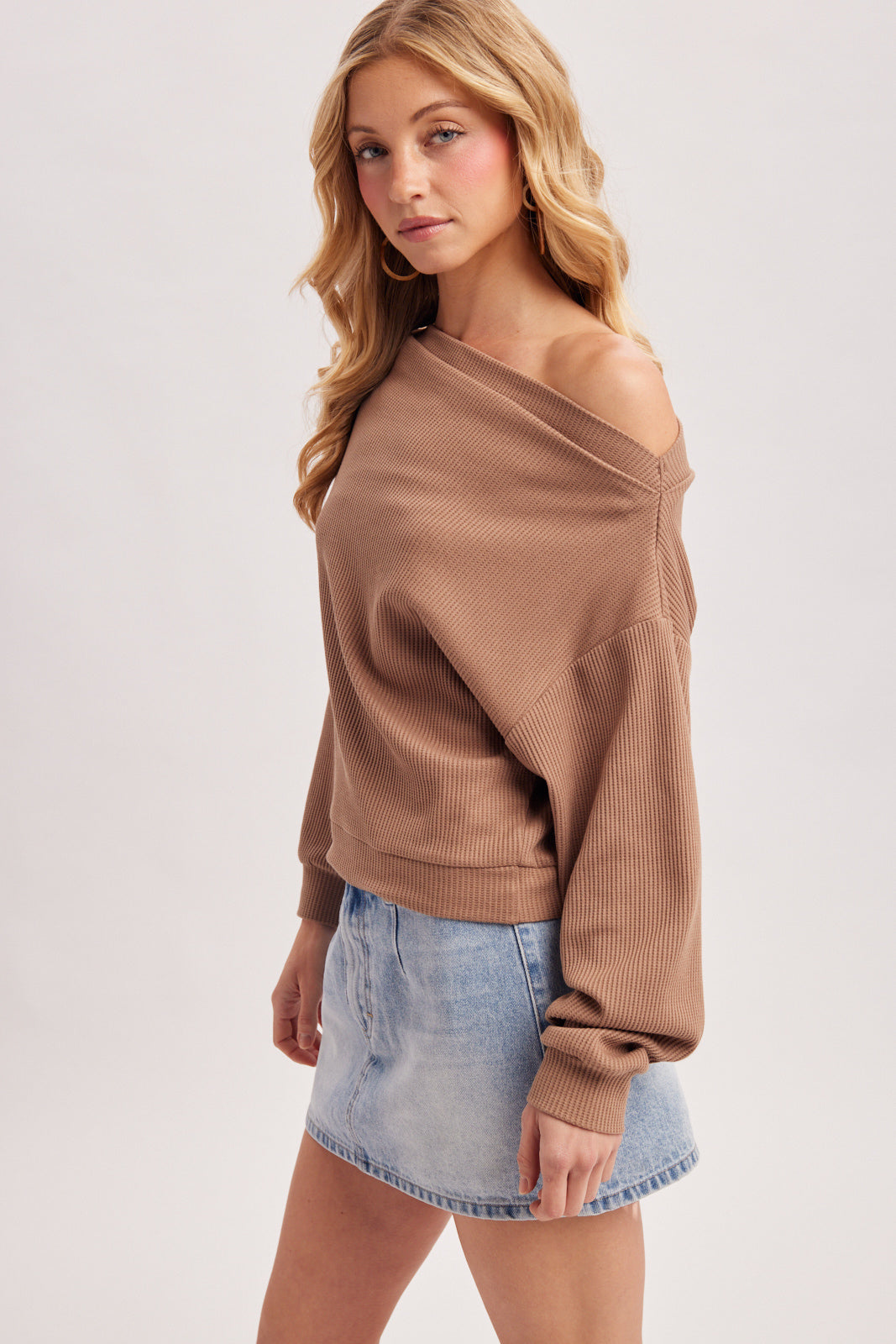 One Shoulder Waffle Knit Slouchy Top (Latte)
