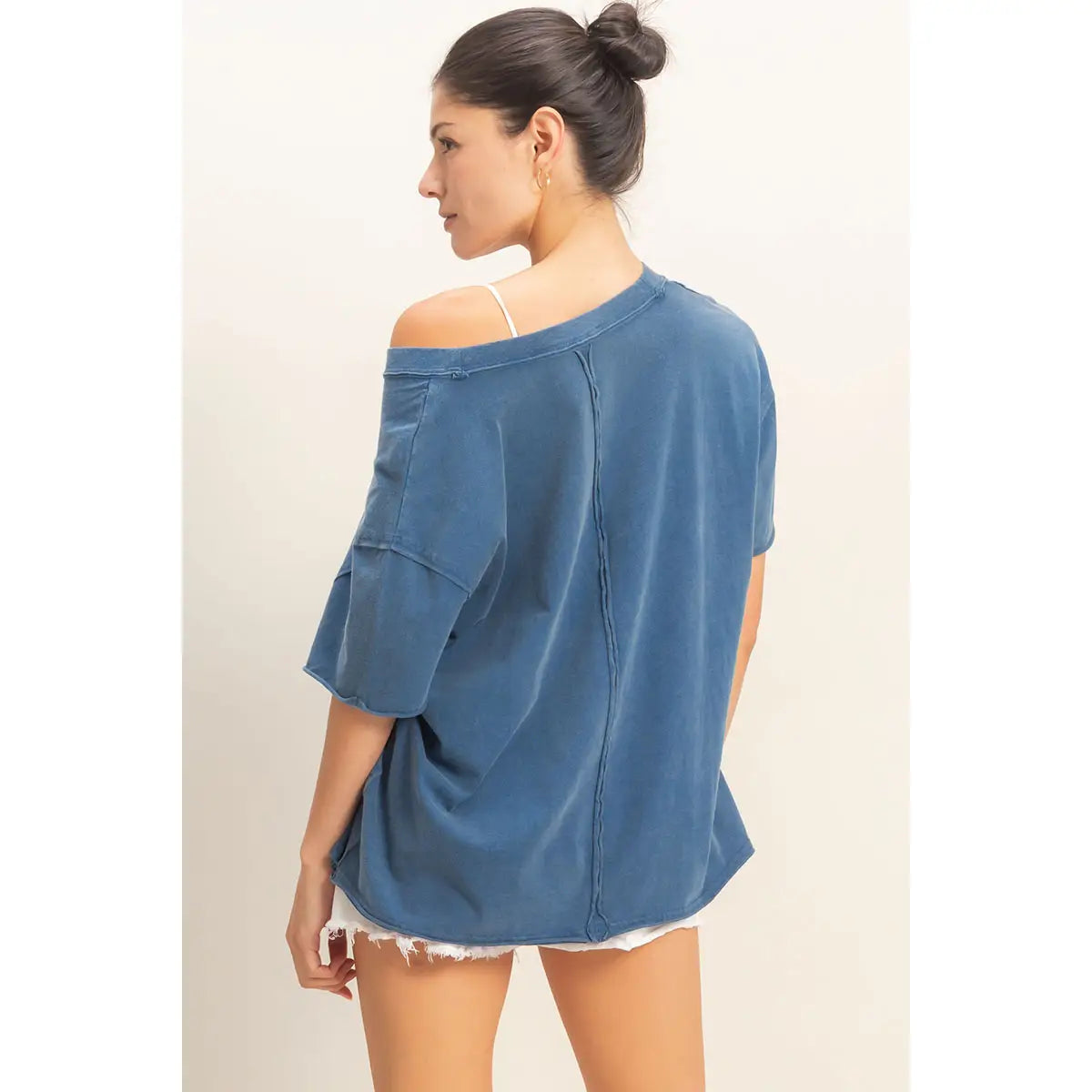 Washed V-Neck Oversized Tee (Navy)