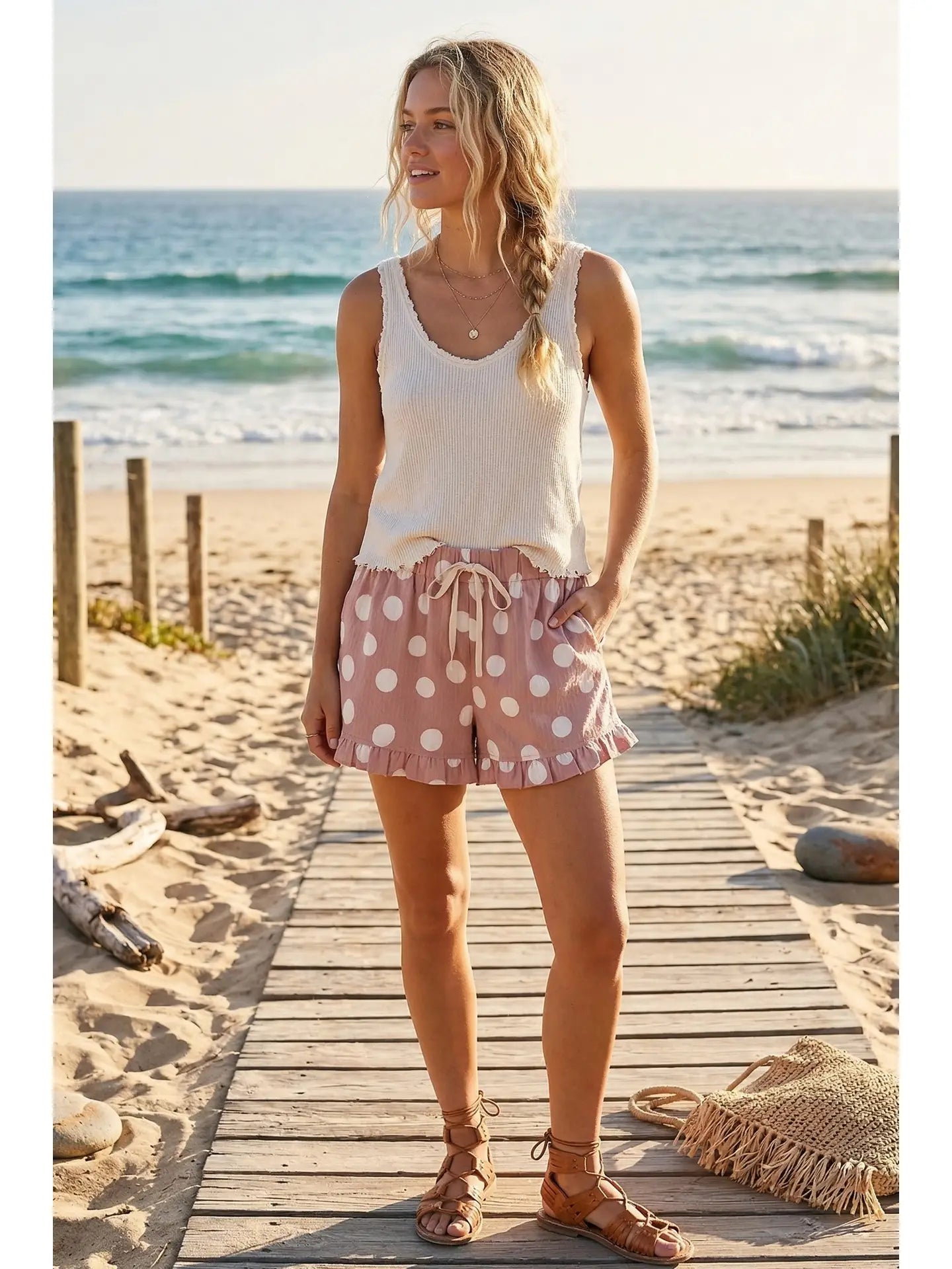 Polka Dot Ruffle Hem Full Lined Drawstring Shorts (Dusty Pink)