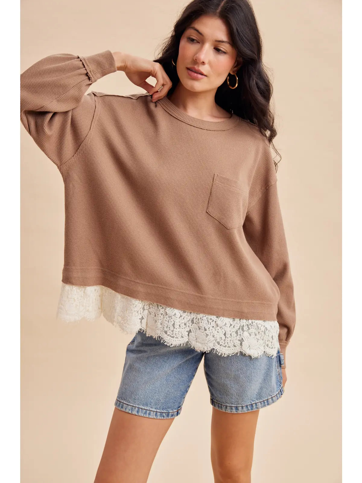 Lace Trim Thermal Knit Top (Latte)