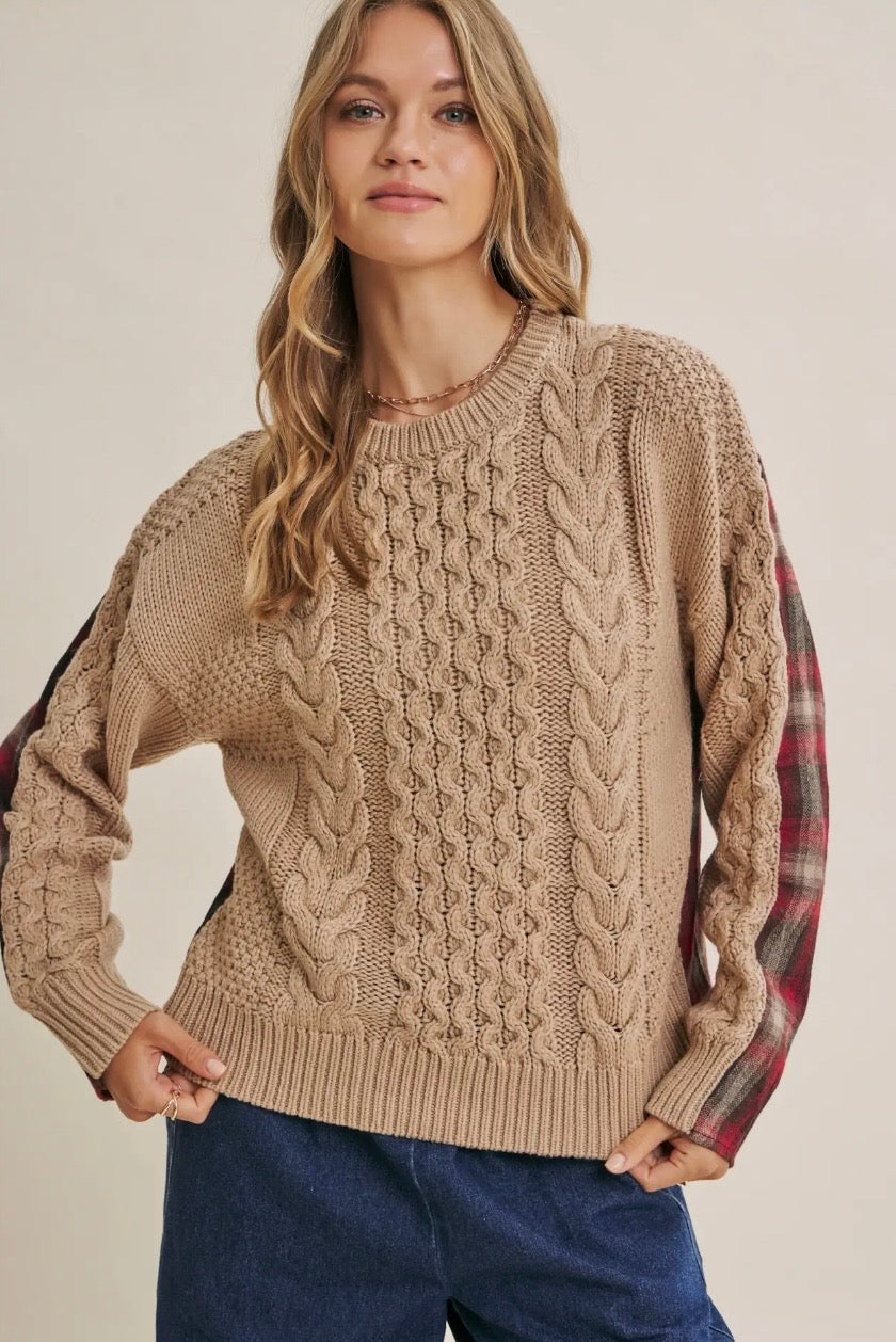 Woodland Plaid Back Mixed Media Cable Knit Sweater Top (Taupe/Red)