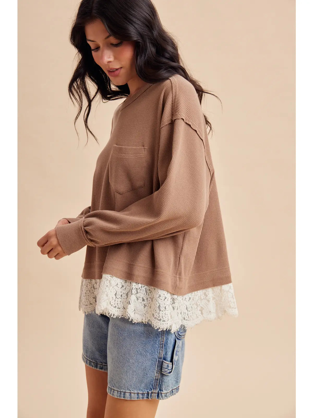Lace Trim Thermal Knit Top (Latte)