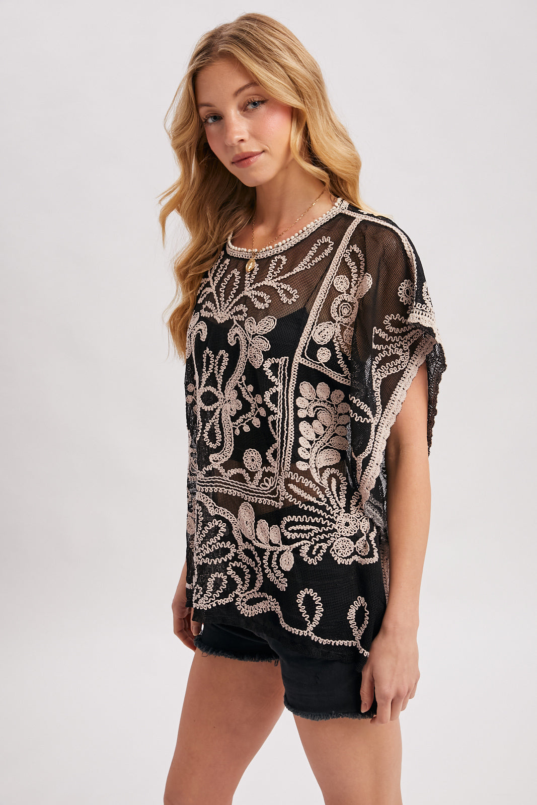 Mesh Embroidered Crochet Top
