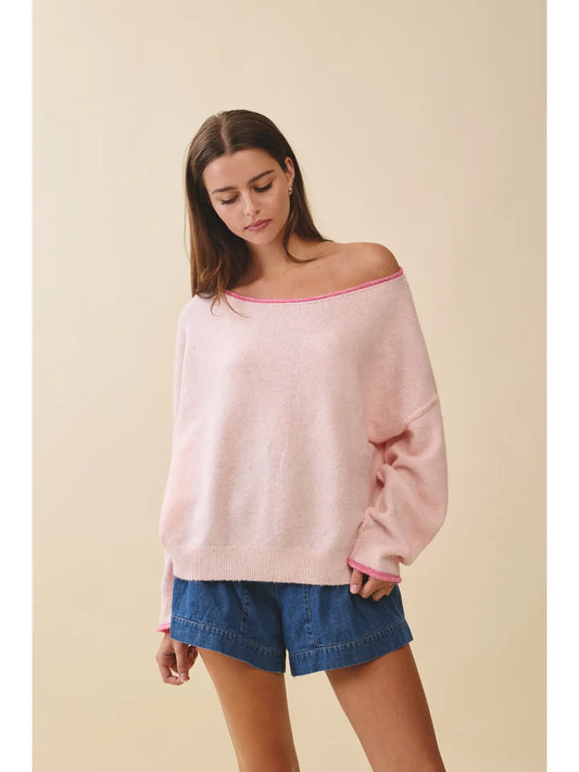 Relaxed Drop Shoulder Fuzzy Knit Pullover (Pink)