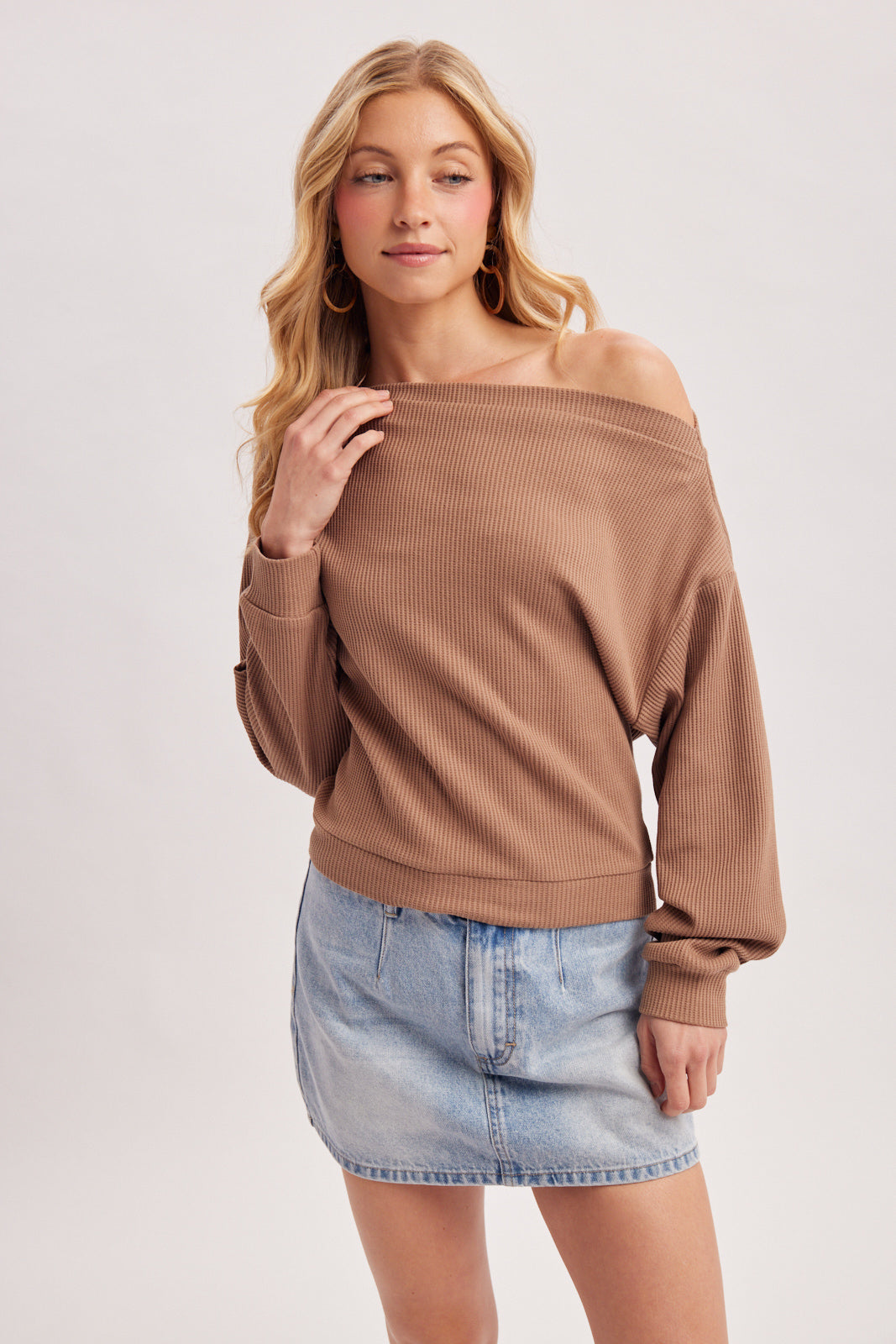 One Shoulder Waffle Knit Slouchy Top (Latte)