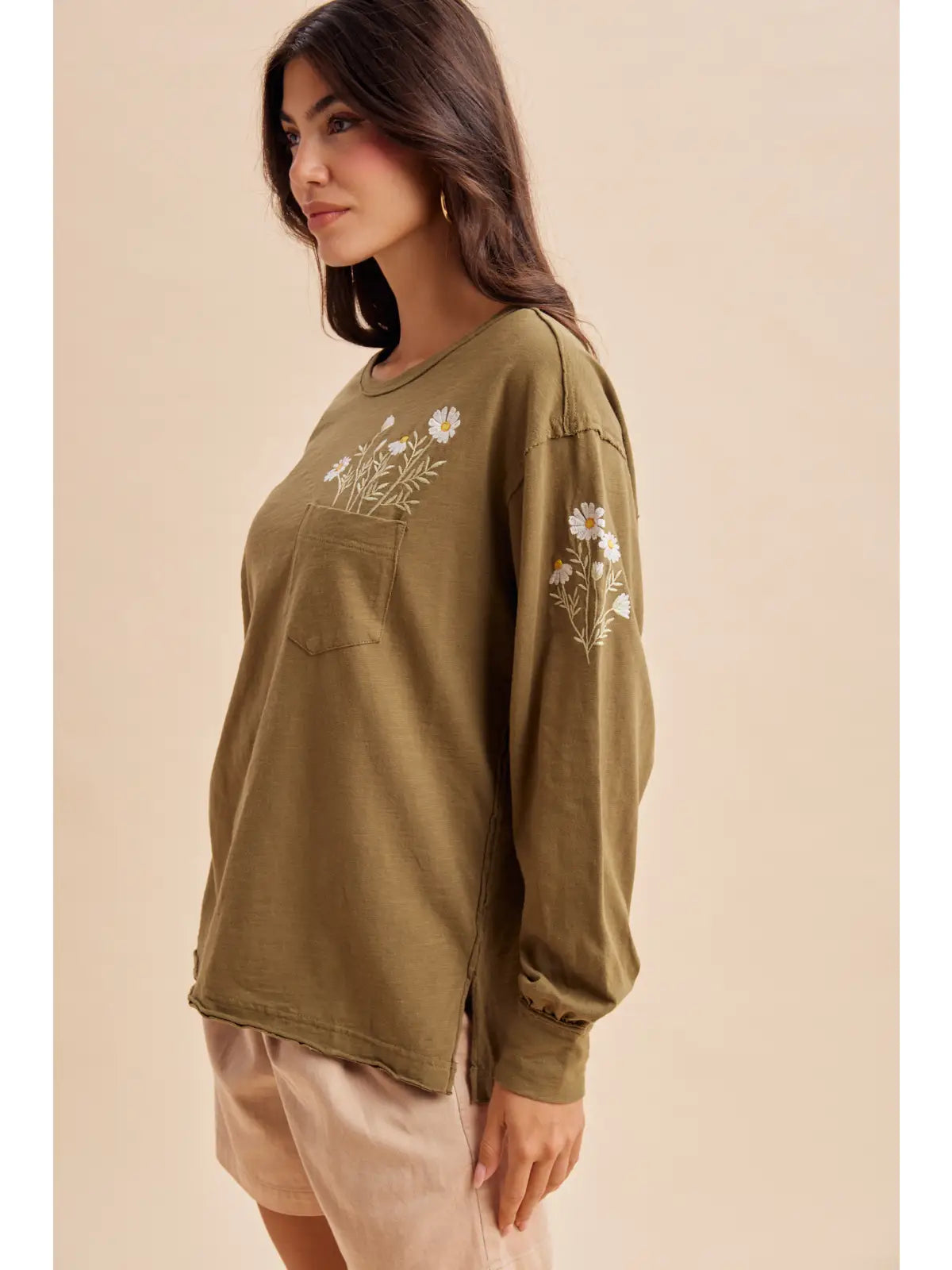 Embroidered Long Sleeve Pullover (Olive)
