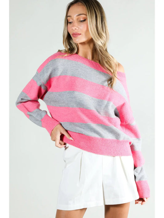 Boat Neck Long Sleeve Stripe Sweater 🩷