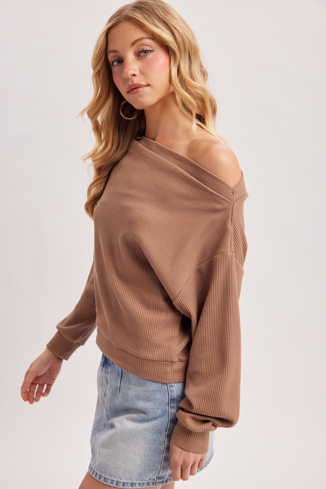 One Shoulder Waffle Knit Slouchy Top (Latte)