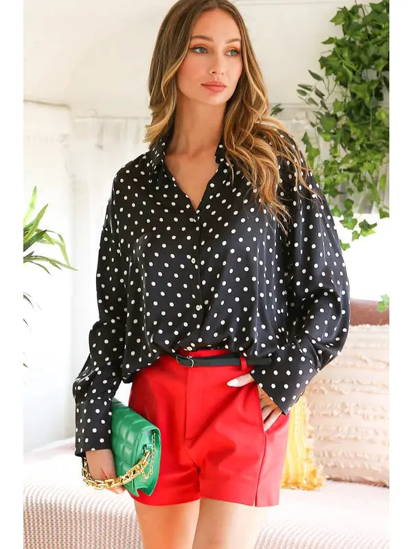 Polka Dot Collared Long-Sleeve Satin Blouse Top 🖤