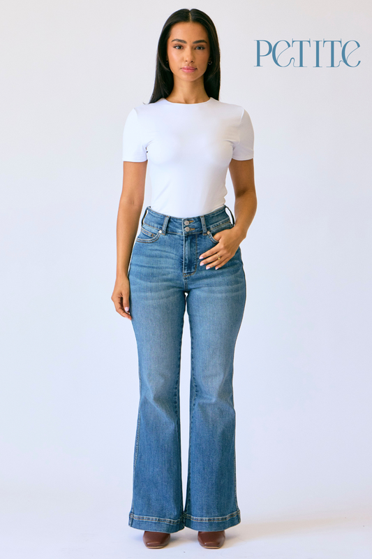 Petite Flare Tummy Control Double Button Judy Blue