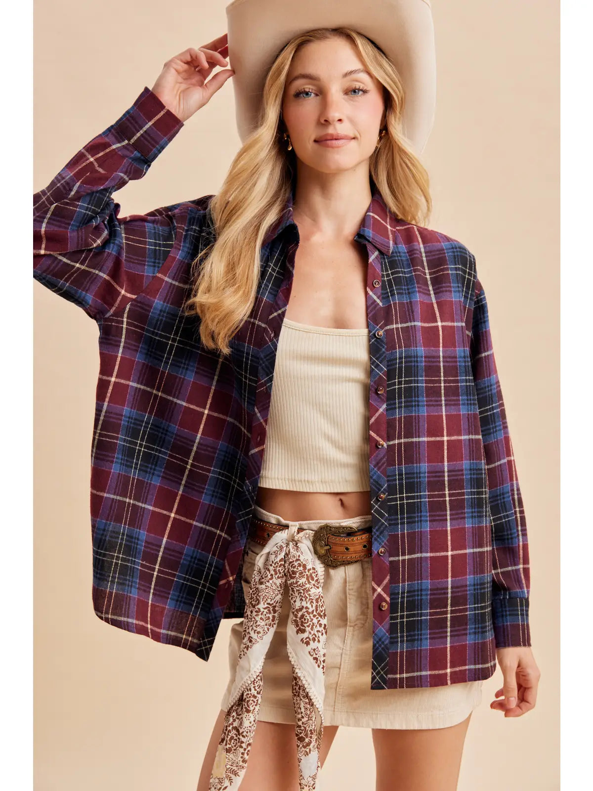 Tartan Plaid Button Down Tunic (Bordeaux)