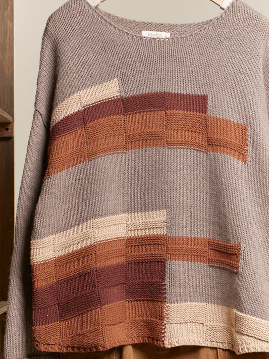 Raw Hem Abstract Print Boat Neck Knit Sweater 🤎