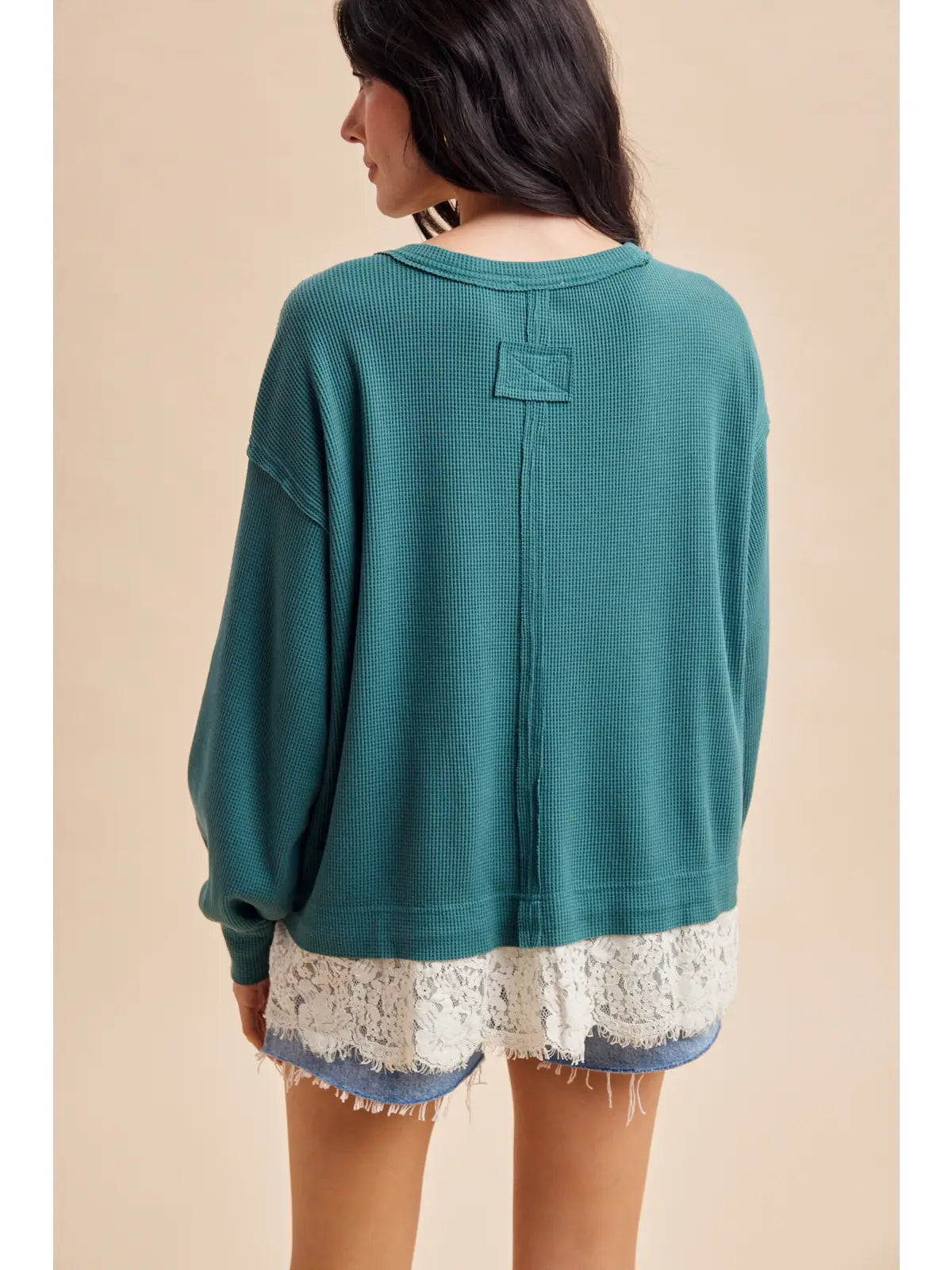 Lace Trim Thermal Knit Top (Dark Teal)