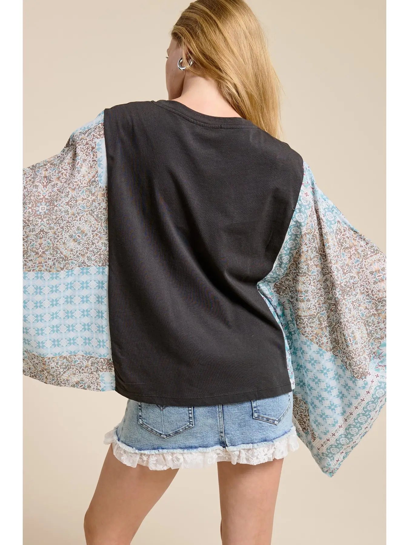 Free Bird Vintage Graphic Sheer Boho Kaftan Top 🩵