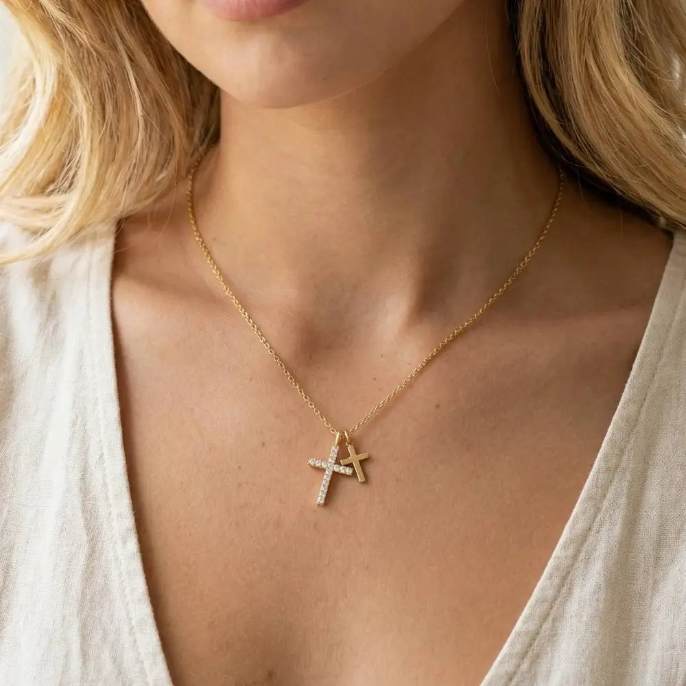 Pave Double Cross Pendant Necklace