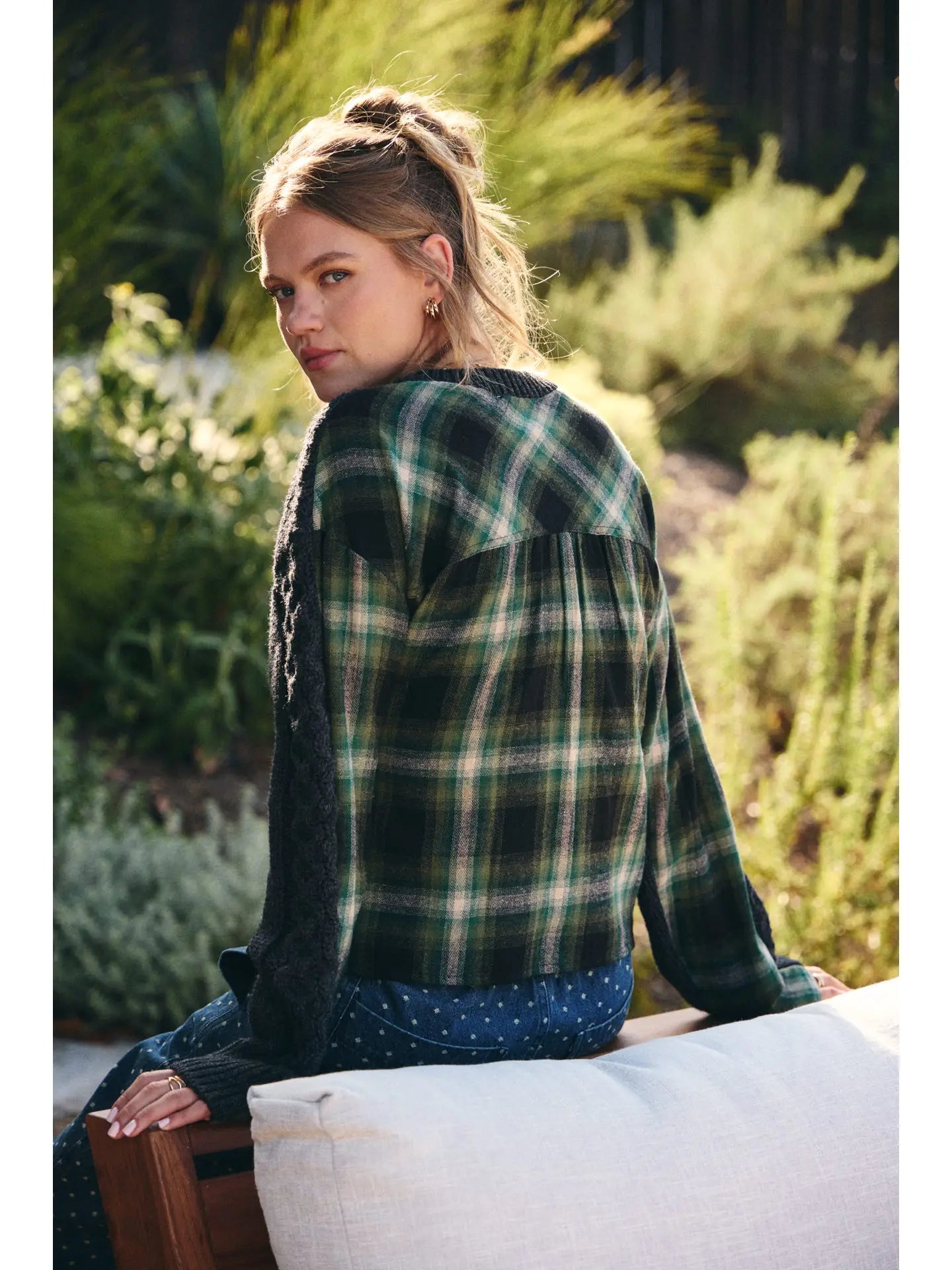 Woodland Plaid Back Mixed Media Cable Knit Sweater Top (Charcoal/Olive)