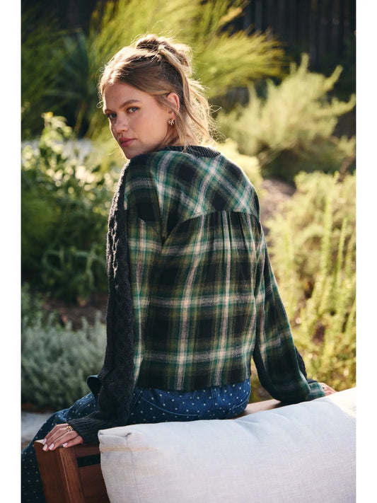 Woodland Plaid Back Mixed Media Cable Knit Sweater Top (Charcoal/Olive)