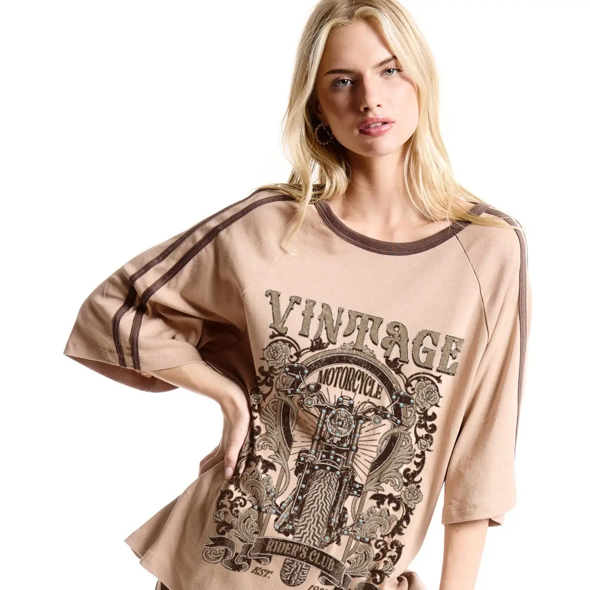 Vintage Rider's Club Oversized Tee w/ Shoulder Stripe