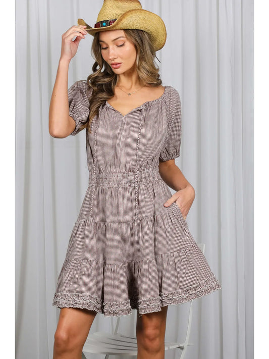 Tie Neck Gingham Tiered Ruffle Hem Casual Dress 🤎