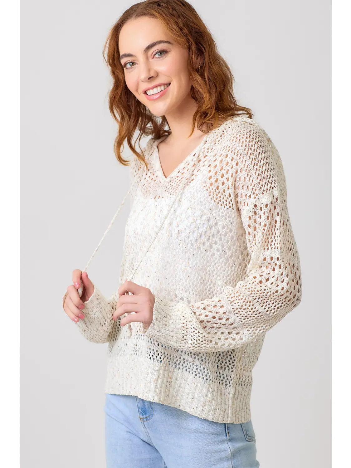 Crochet Knit Hoodie Sweater (Ivory Mix)