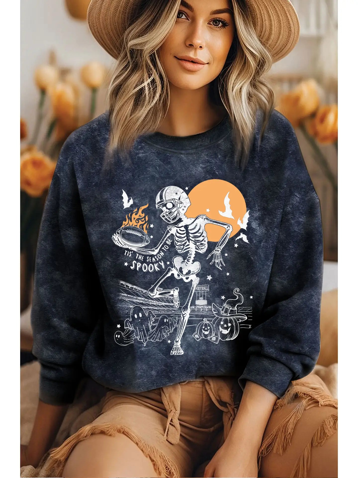 Spooky Skeleton Football Mineral Graphic Brushed Sweatshirt 🩶