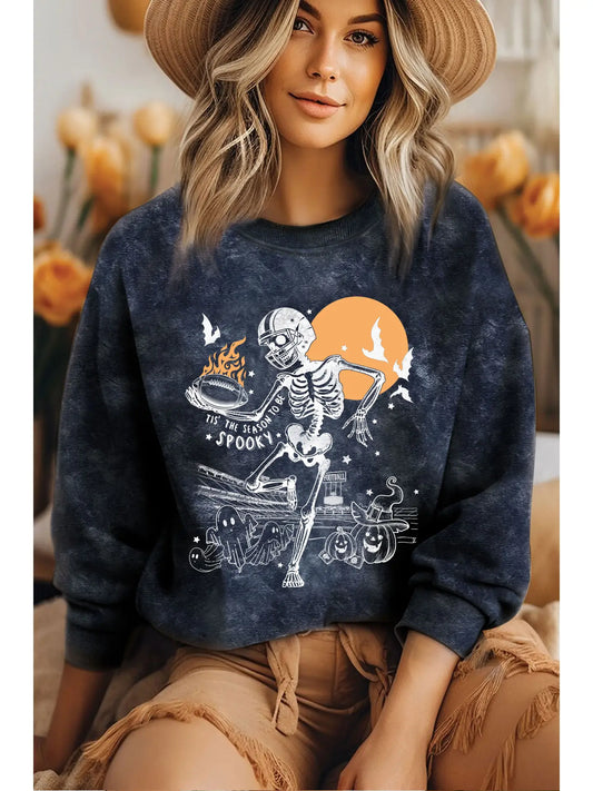 Spooky Skeleton Football Mineral Graphic Brushed Sweatshirt 🩶