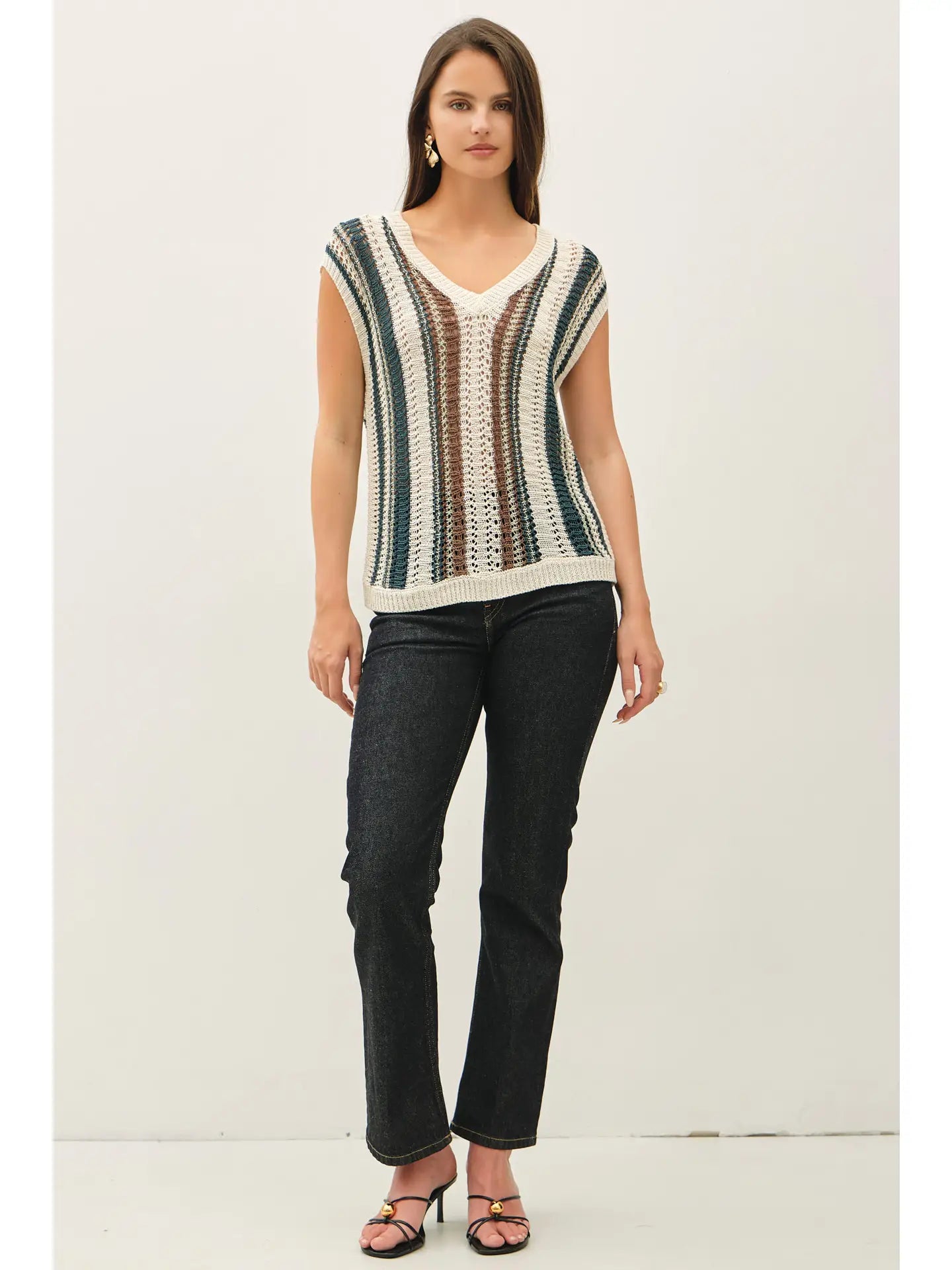 Mixed Metallic Yarn Striped Hand Craft Crochet Knit Vest 💚