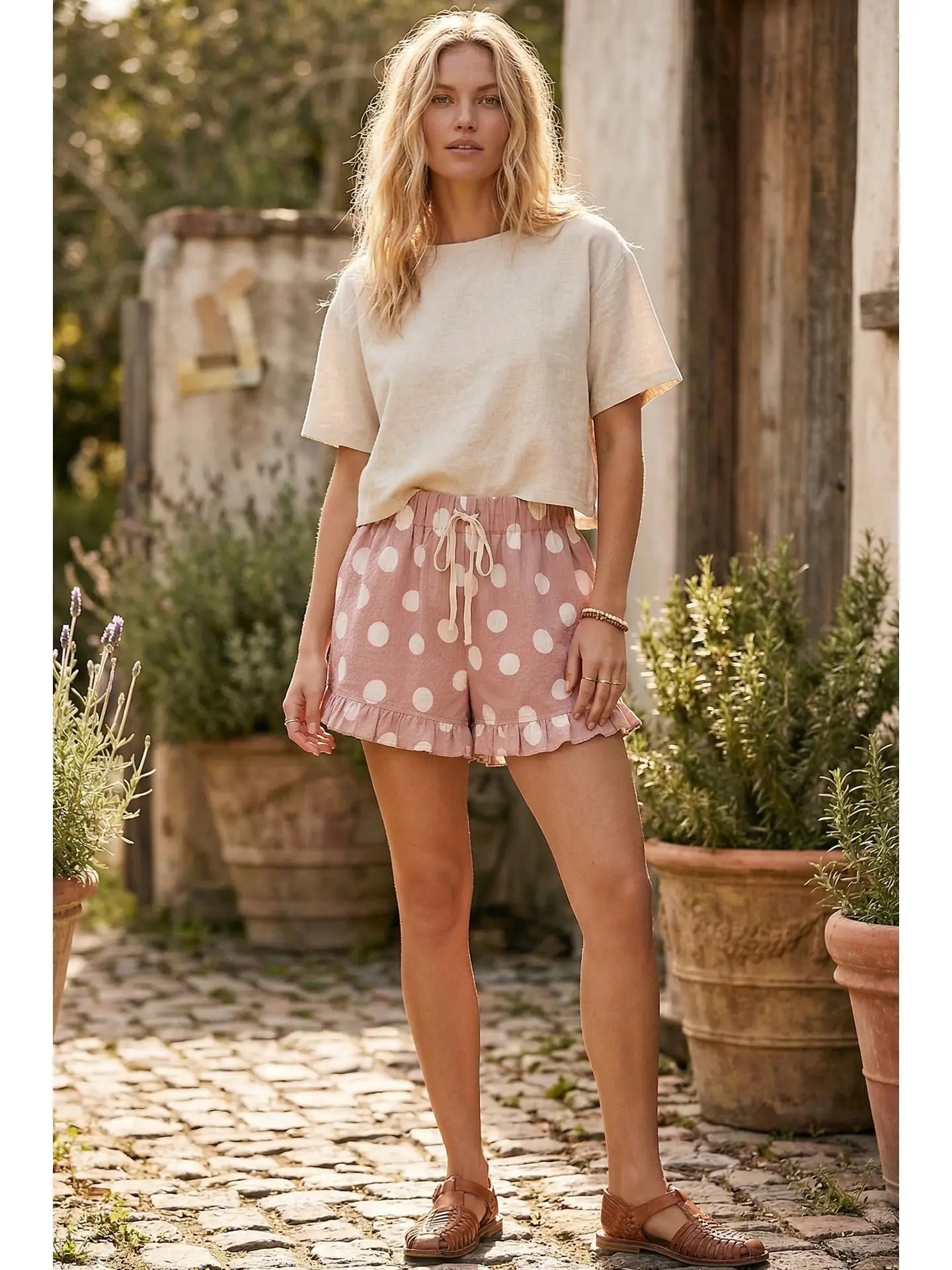 Polka Dot Ruffle Hem Full Lined Drawstring Shorts (Dusty Pink)