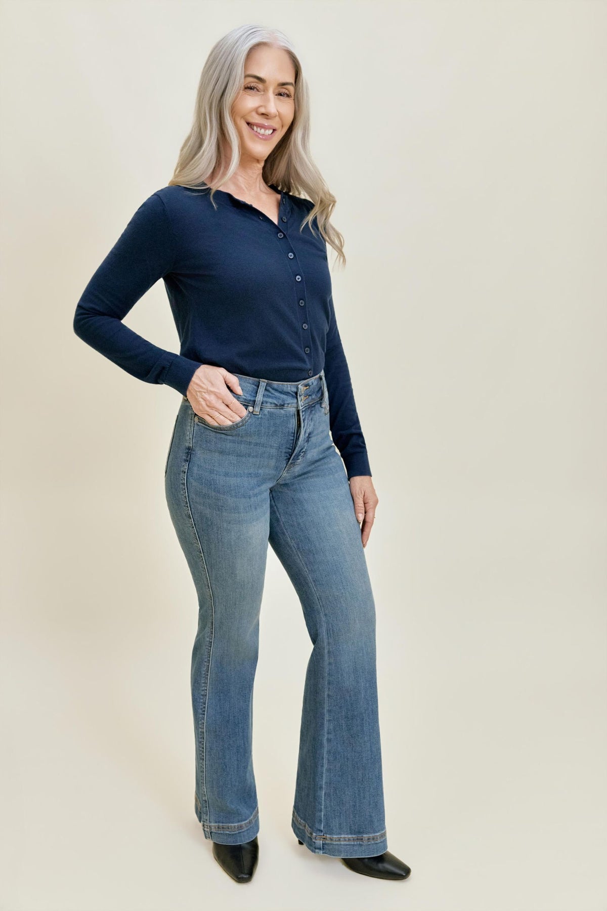 Petite Flare Tummy Control Double Button Judy Blue