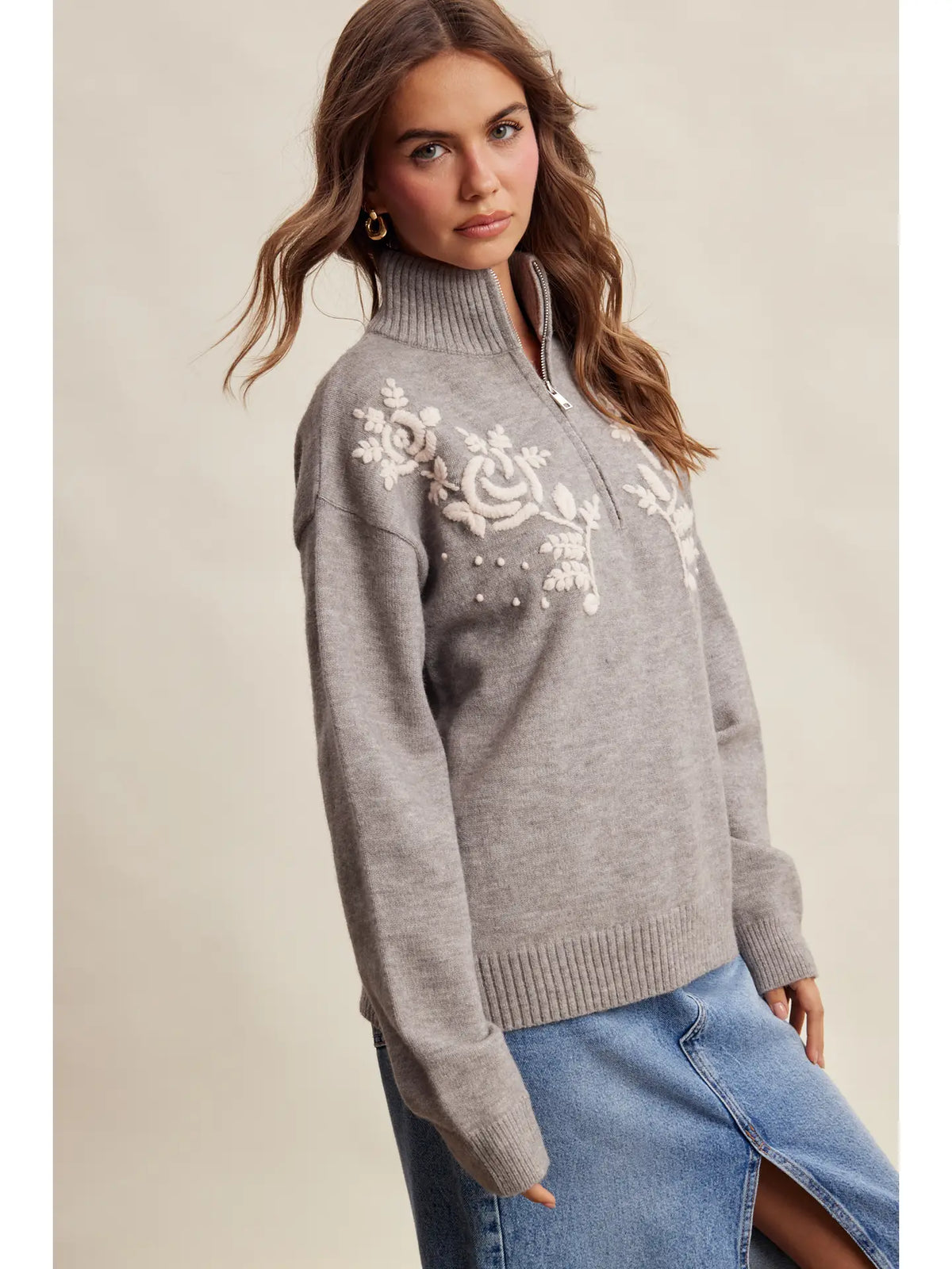 Floral Embroidered Quarter-Zip Sweater 🩶