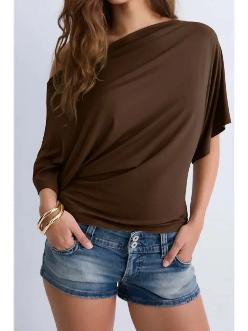 Off-The-Shoulder Batwing Sleeves Knit Top 🤎