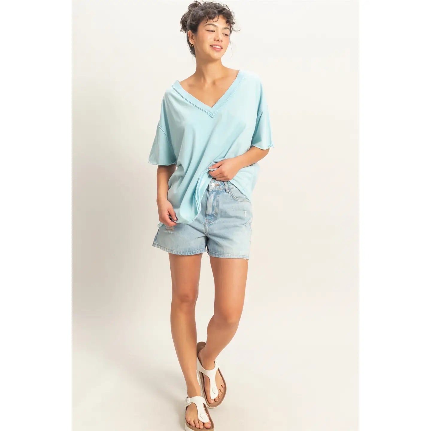Washed V-Neck Oversized Tee (Blue)