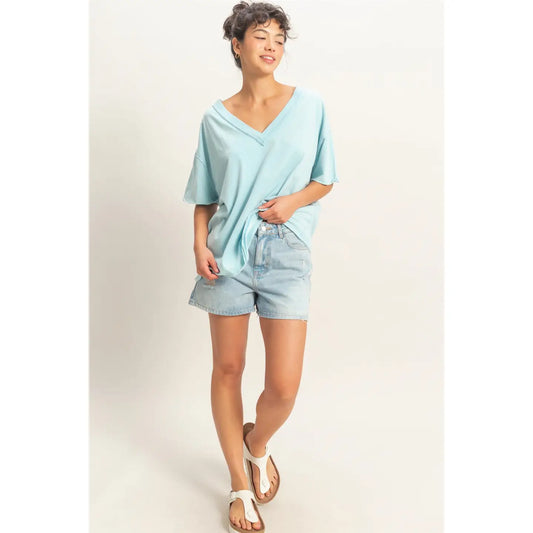 Washed V-Neck Oversized Tee (Blue)